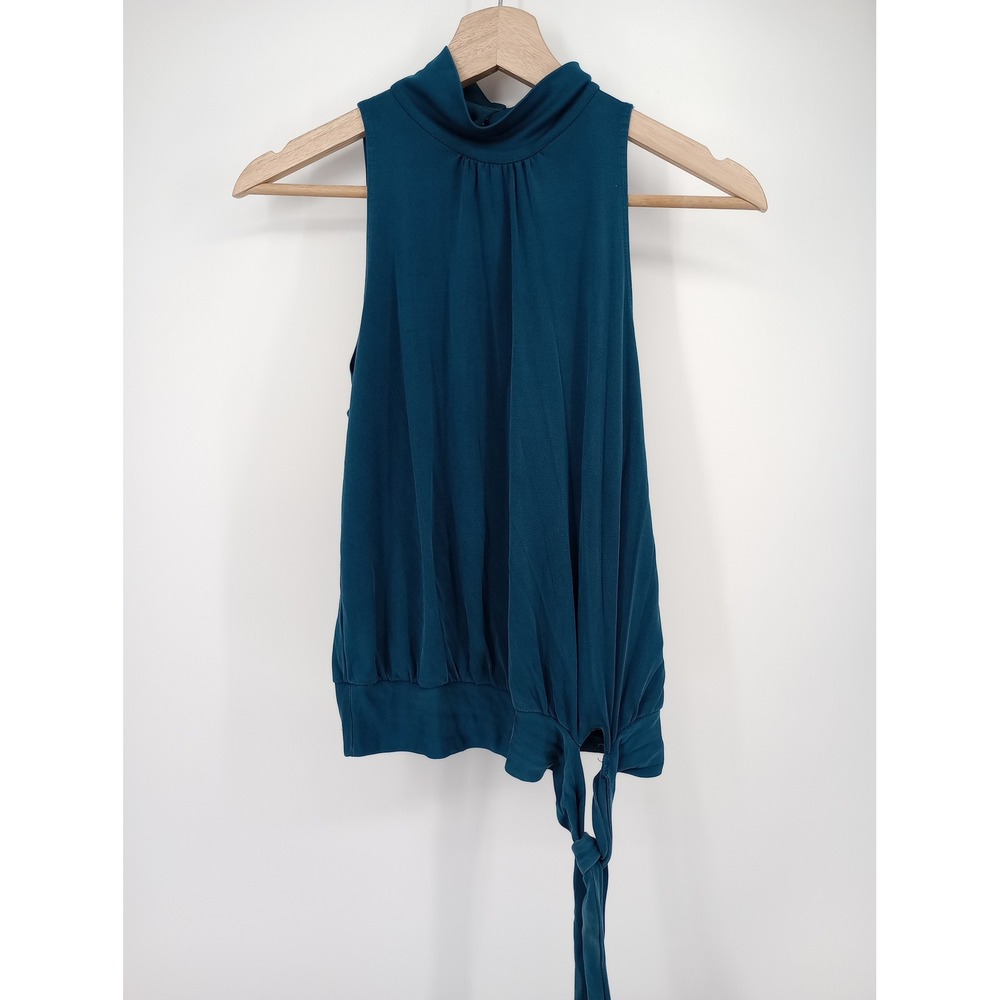 Laundry by Shelli Segal Top Women XS Teal Silk Sleeveless Mock Neck READ